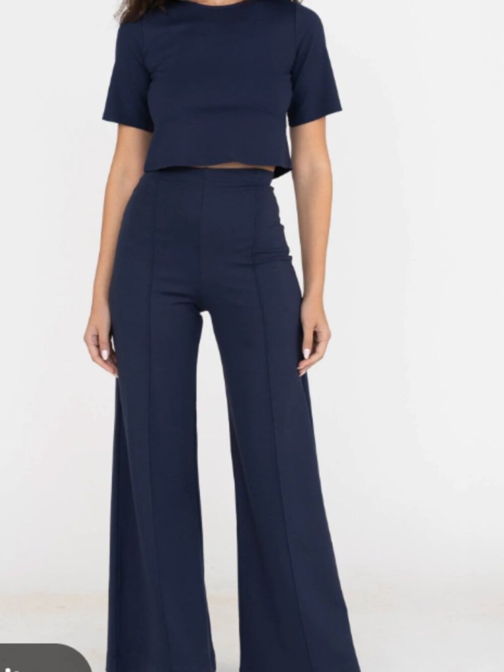 Ripley Radar Navy Ponte Knit Long Wide Leg Pant - Cropped